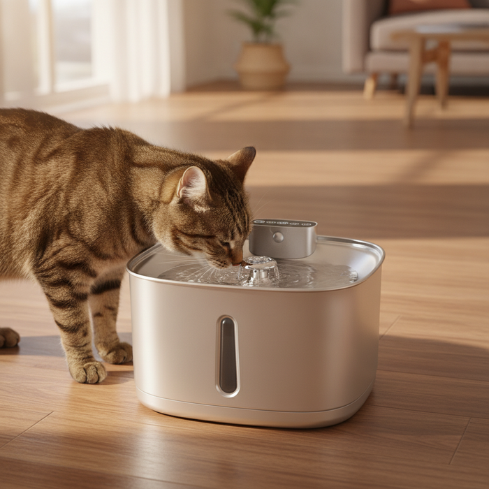 a tabby cat drinking from the brook fountain, full stainless finish